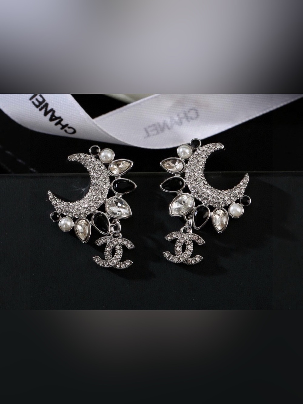 Double C Moon 🌙 and Multi Stone Dangle Logo Silver - Tone Earrings